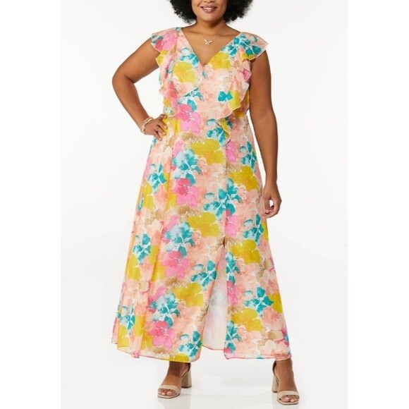 Cato bright floral plus size slits maxi vacation cute summer dress size 22/24w - Picture 1 of 9